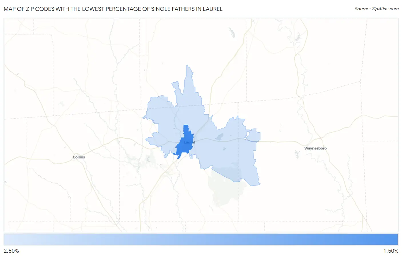 Zip Codes with the Lowest Percentage of Single Fathers in Laurel Map