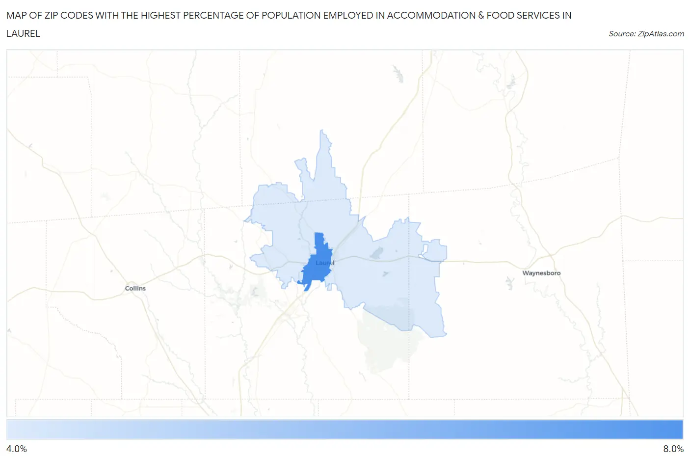 Zip Codes with the Highest Percentage of Population Employed in Accommodation & Food Services in Laurel Map