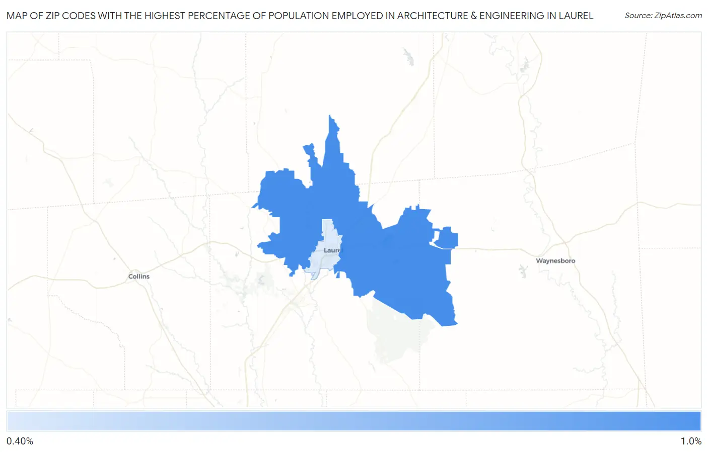 Zip Codes with the Highest Percentage of Population Employed in Architecture & Engineering in Laurel Map