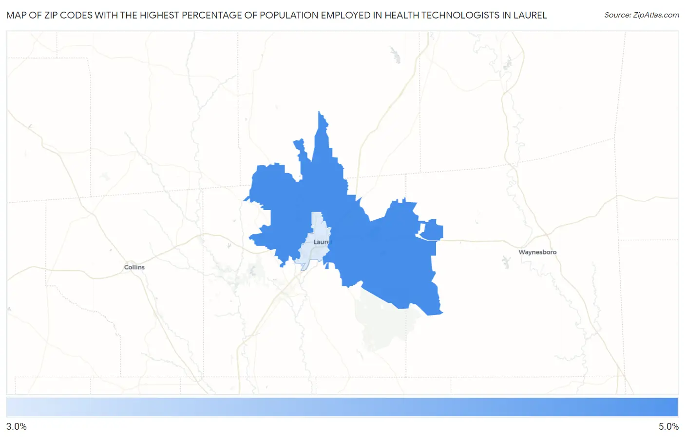 Zip Codes with the Highest Percentage of Population Employed in Health Technologists in Laurel Map