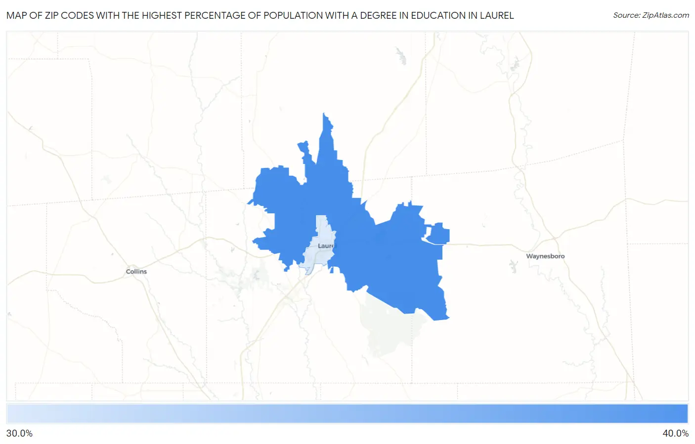 Zip Codes with the Highest Percentage of Population with a Degree in Education in Laurel Map