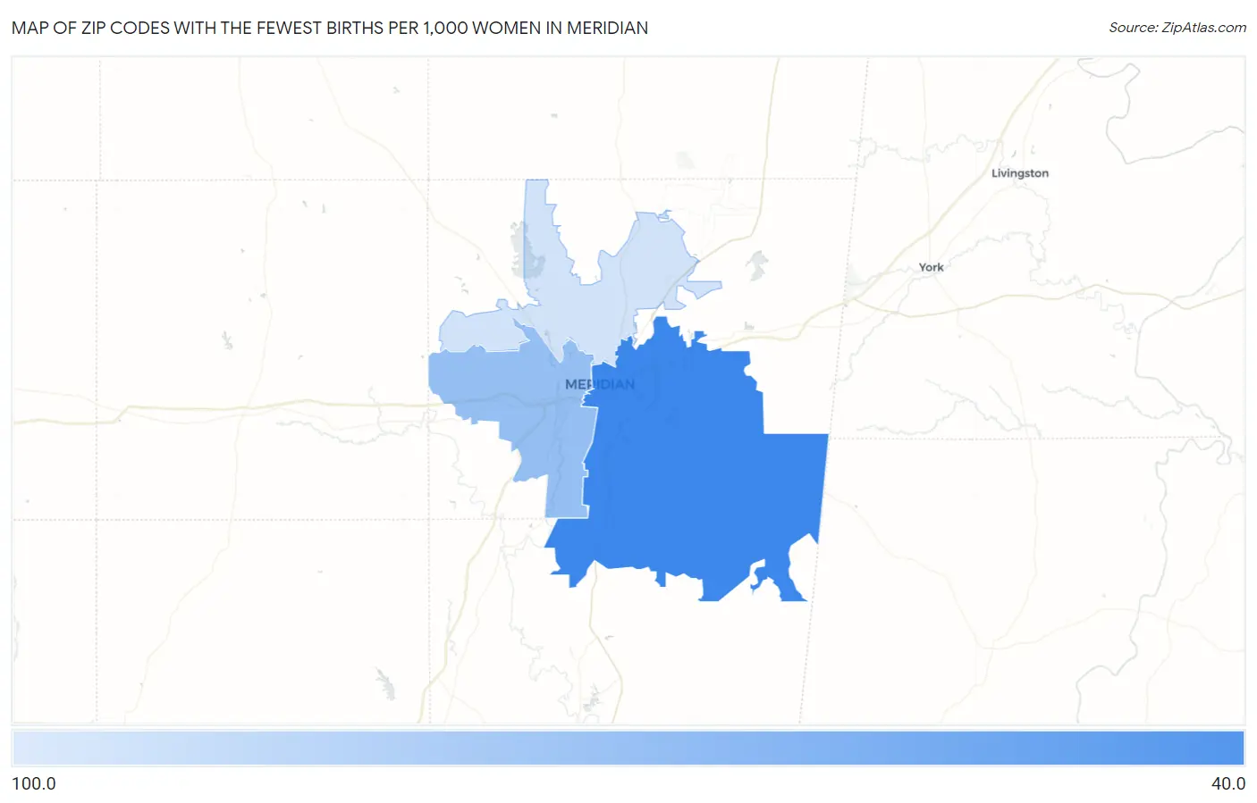 Zip Codes with the Fewest Births per 1,000 Women in Meridian Map