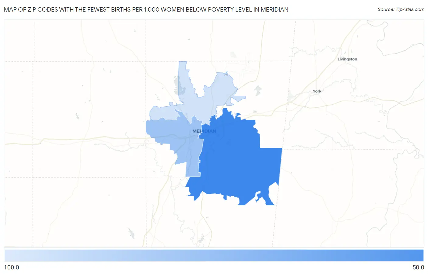 Zip Codes with the Fewest Births per 1,000 Women Below Poverty Level in Meridian Map