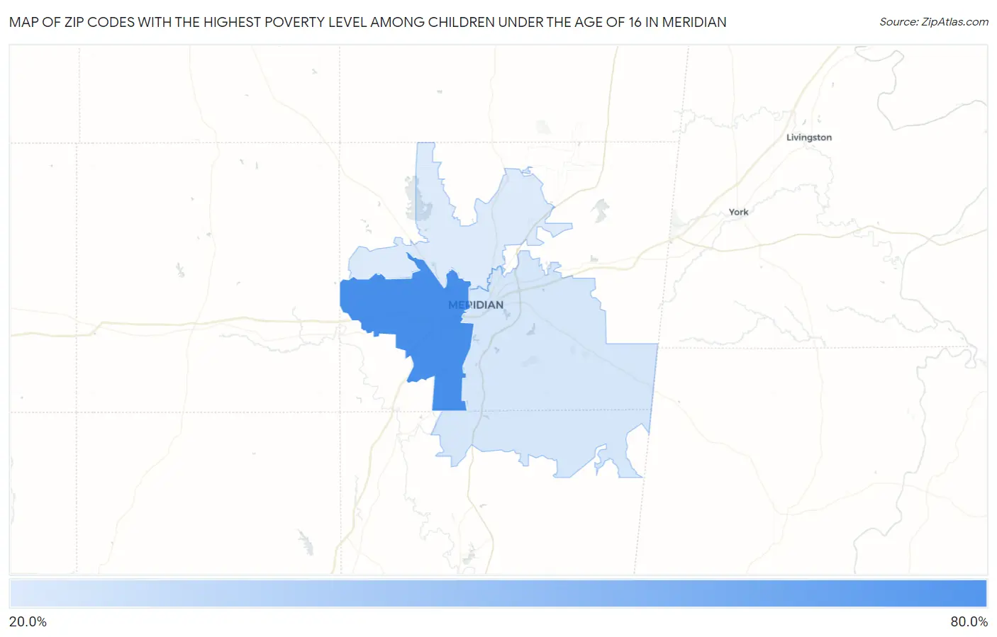 Zip Codes with the Highest Poverty Level Among Children Under the Age of 16 in Meridian Map
