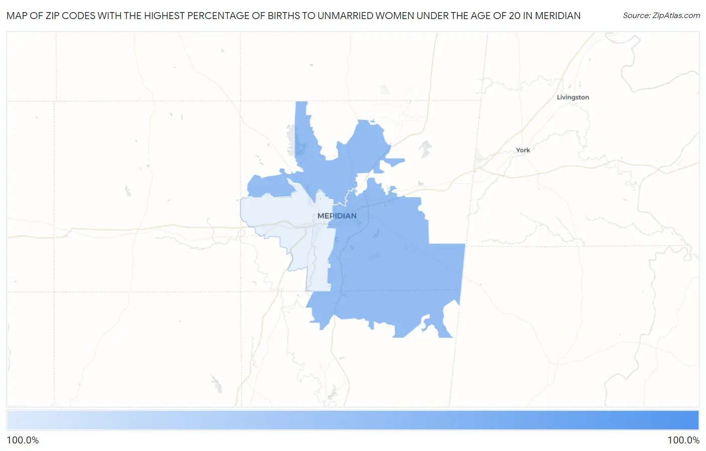 Zip Codes with the Highest Percentage of Births to Unmarried Women under the Age of 20 in Meridian Map