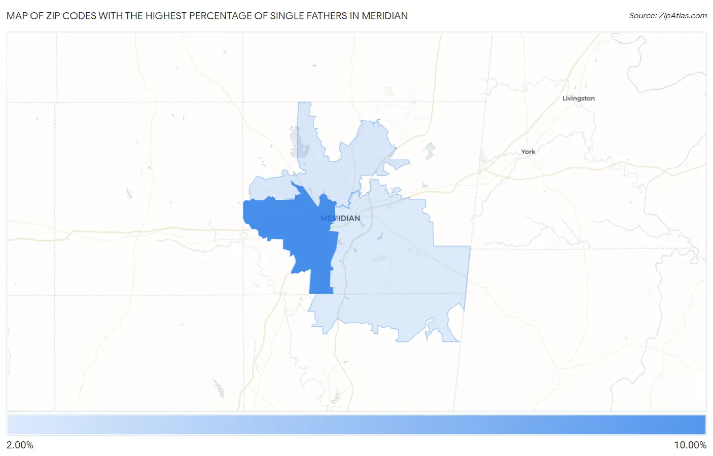 Zip Codes with the Highest Percentage of Single Fathers in Meridian Map