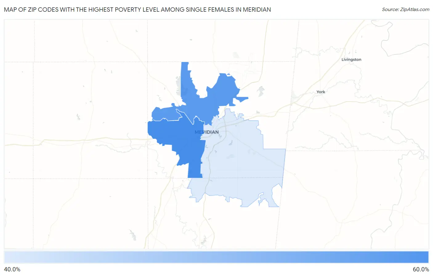 Zip Codes with the Highest Poverty Level Among Single Females in Meridian Map