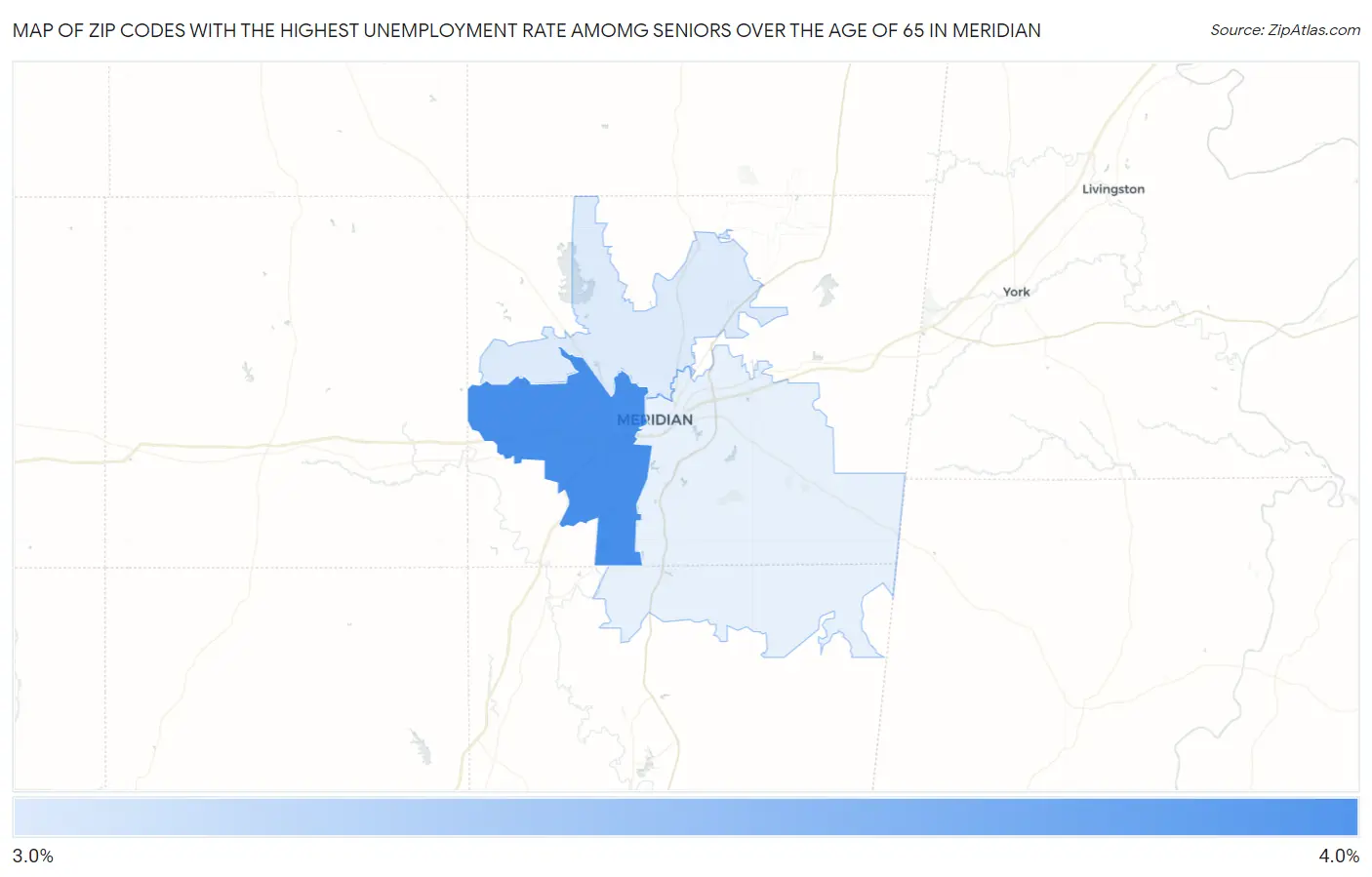 Zip Codes with the Highest Unemployment Rate Amomg Seniors Over the Age of 65 in Meridian Map
