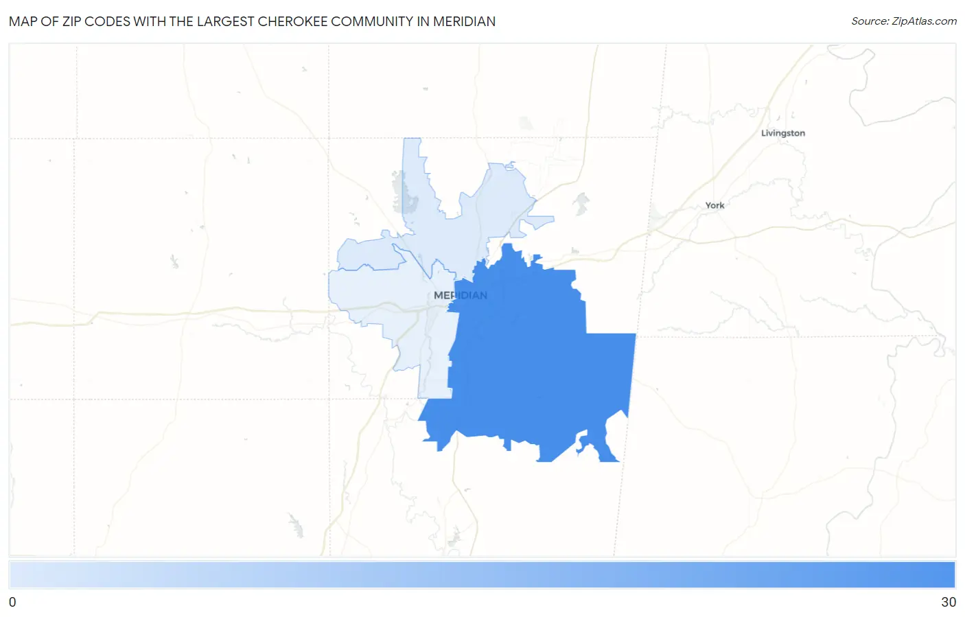 Zip Codes with the Largest Cherokee Community in Meridian Map