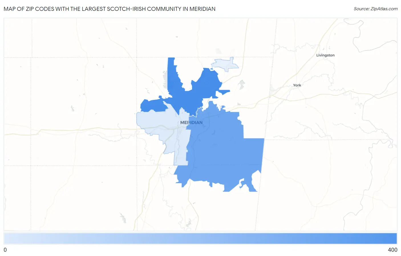 Zip Codes with the Largest Scotch-Irish Community in Meridian Map