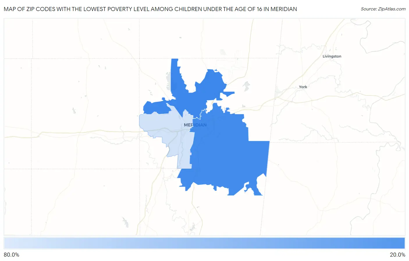 Zip Codes with the Lowest Poverty Level Among Children Under the Age of 16 in Meridian Map
