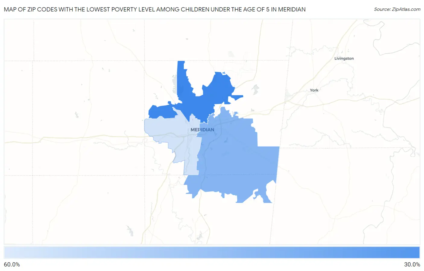 Zip Codes with the Lowest Poverty Level Among Children Under the Age of 5 in Meridian Map