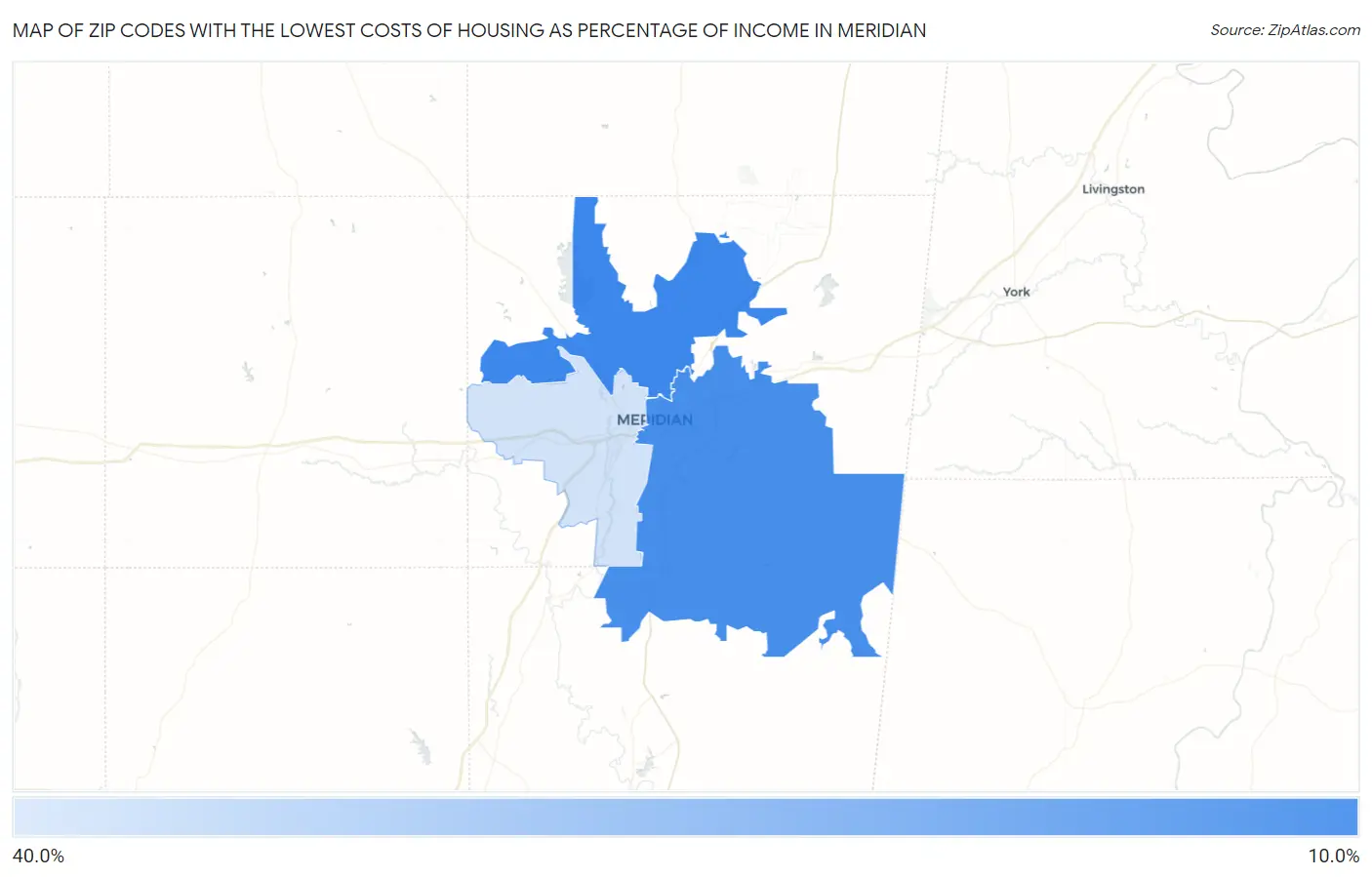 Zip Codes with the Lowest Costs of Housing as Percentage of Income in Meridian Map