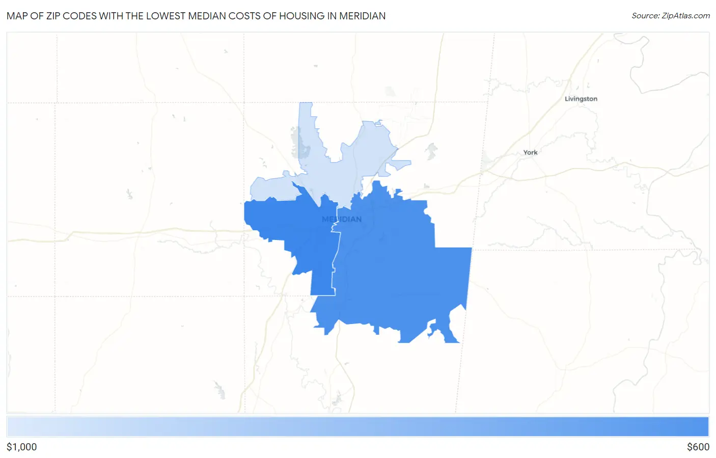 Zip Codes with the Lowest Median Costs of Housing in Meridian Map