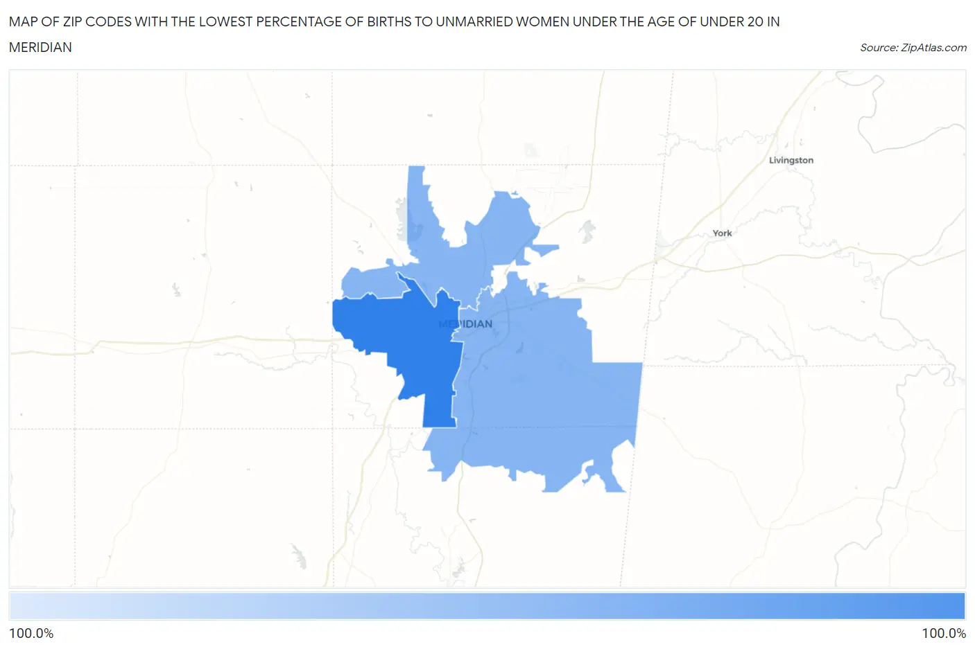Zip Codes with the Lowest Percentage of Births to Unmarried Women under the Age of under 20 in Meridian Map