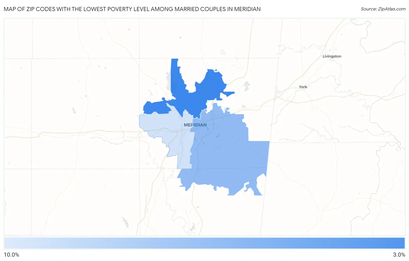Zip Codes with the Lowest Poverty Level Among Married Couples in Meridian Map