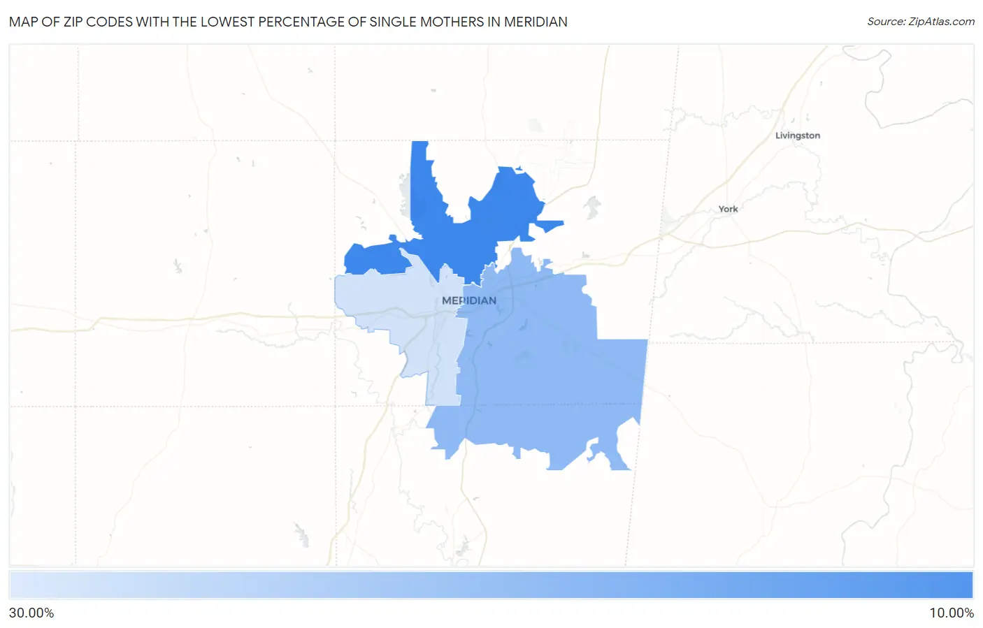 Zip Codes with the Lowest Percentage of Single Mothers in Meridian Map