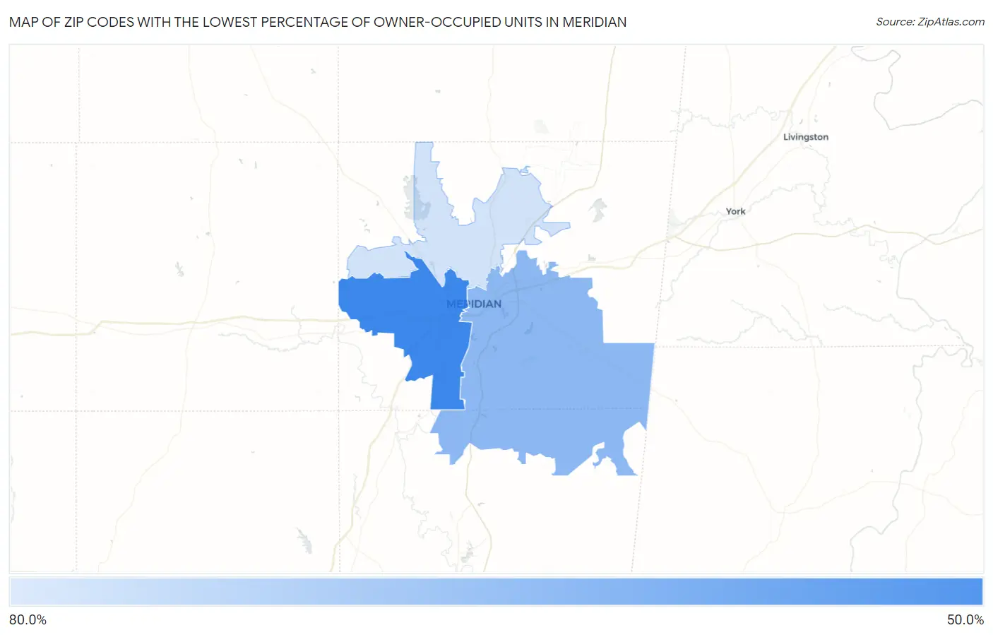 Zip Codes with the Lowest Percentage of Owner-Occupied Units in Meridian Map