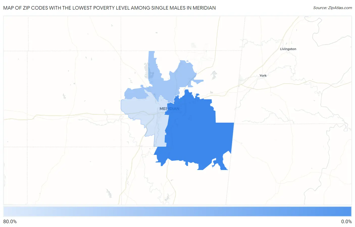 Zip Codes with the Lowest Poverty Level Among Single Males in Meridian Map