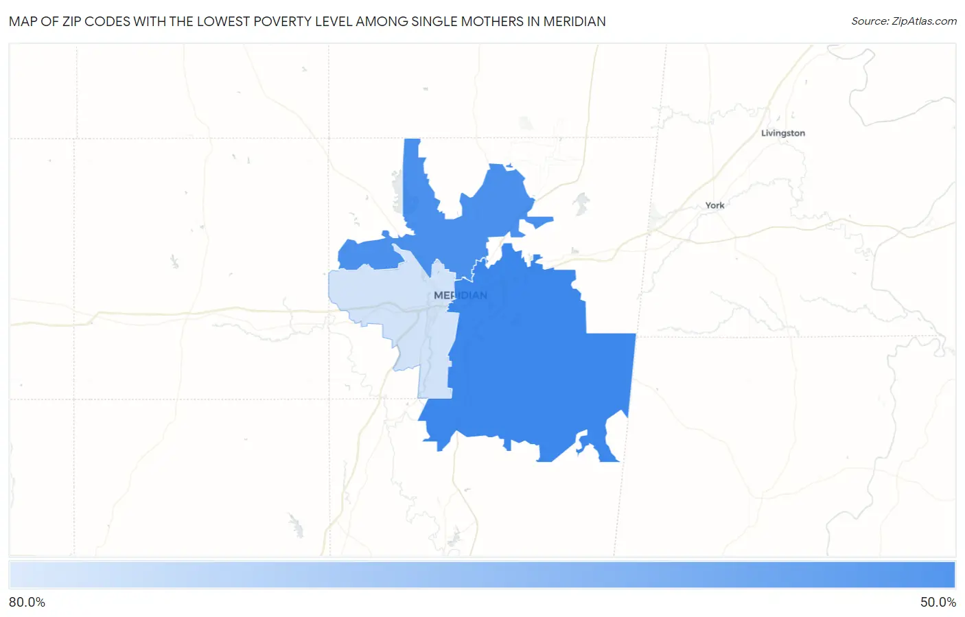 Zip Codes with the Lowest Poverty Level Among Single Mothers in Meridian Map