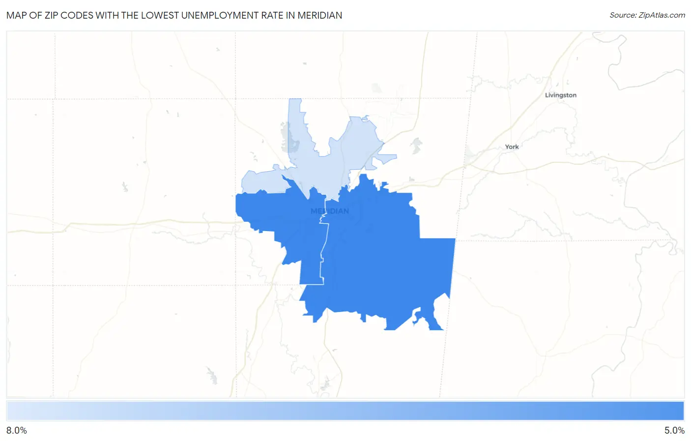 Zip Codes with the Lowest Unemployment Rate in Meridian Map
