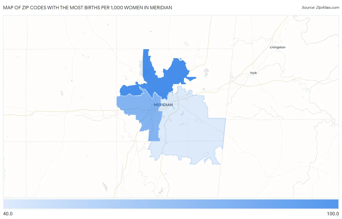 Zip Codes with the Most Births per 1,000 Women in Meridian Map