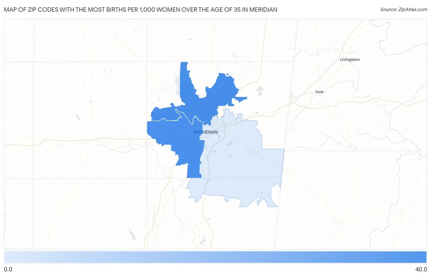 Zip Codes with the Most Births per 1,000 Women Over the Age of 35 in Meridian Map