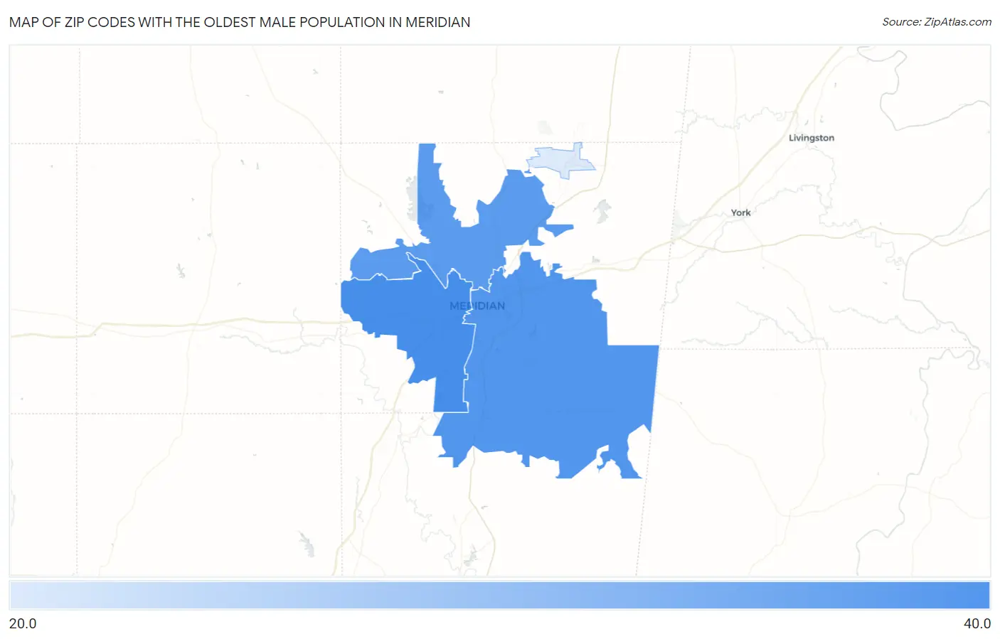 Zip Codes with the Oldest Male Population in Meridian Map