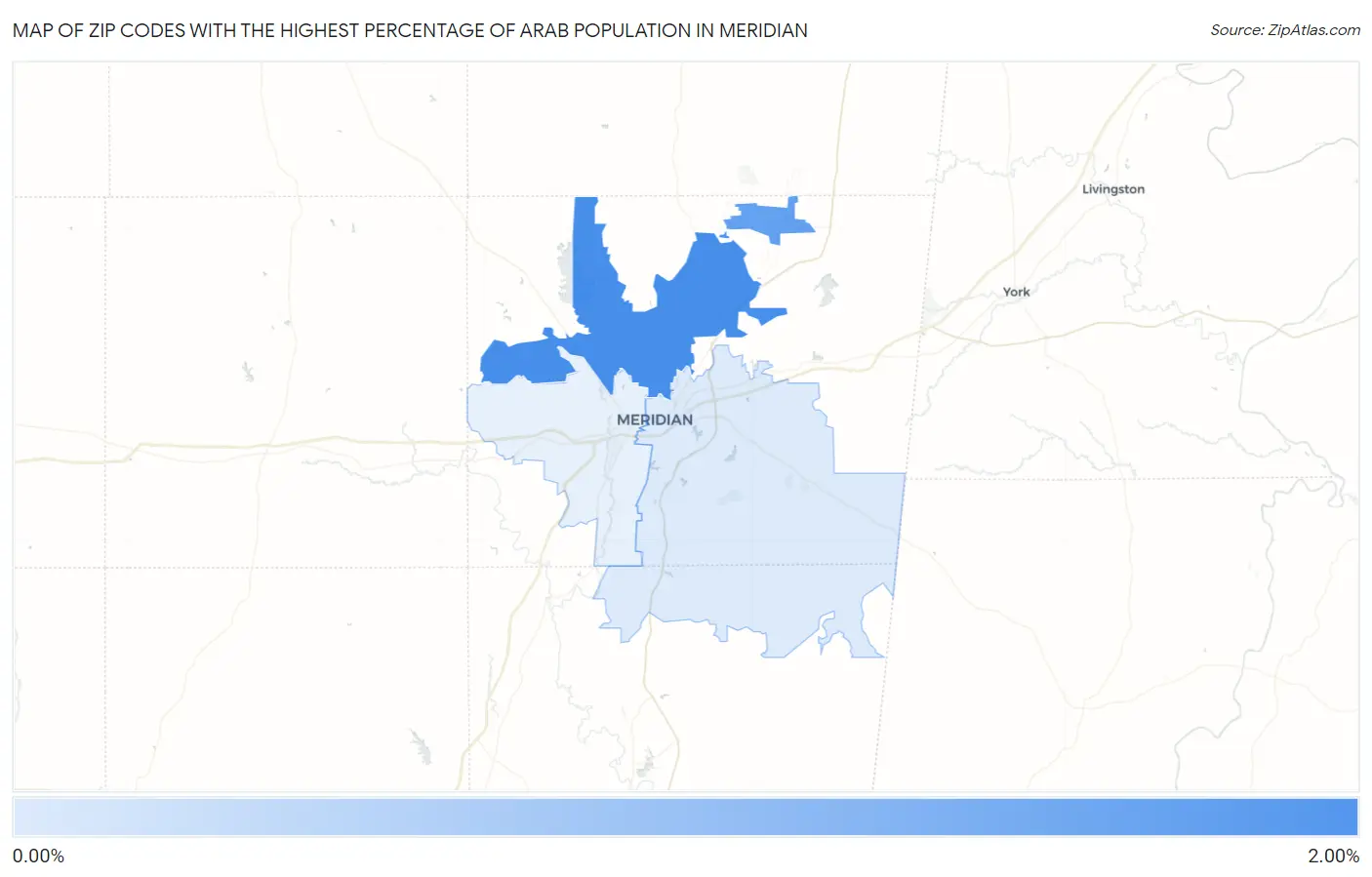 Zip Codes with the Highest Percentage of Arab Population in Meridian Map