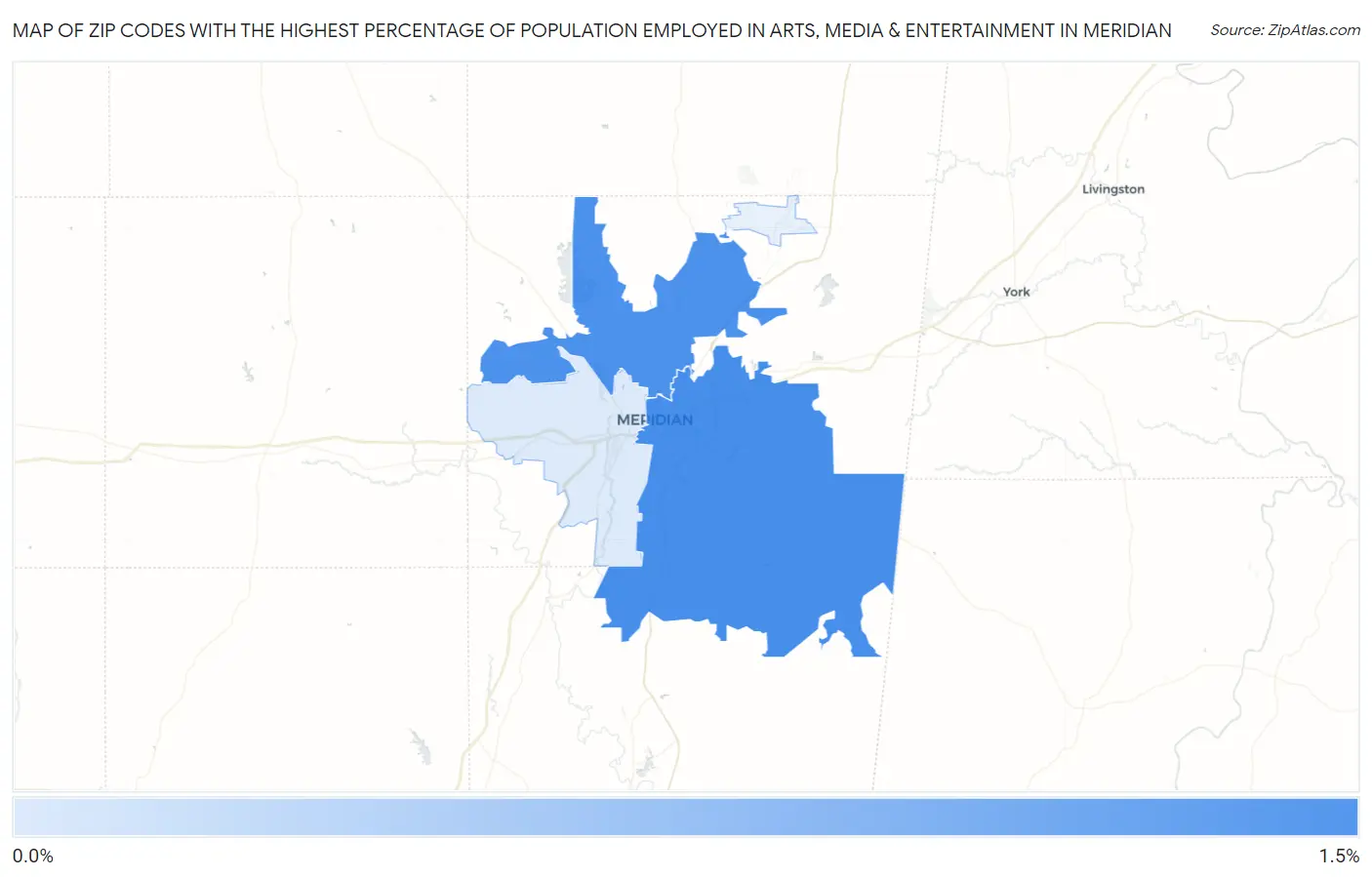 Zip Codes with the Highest Percentage of Population Employed in Arts, Media & Entertainment in Meridian Map