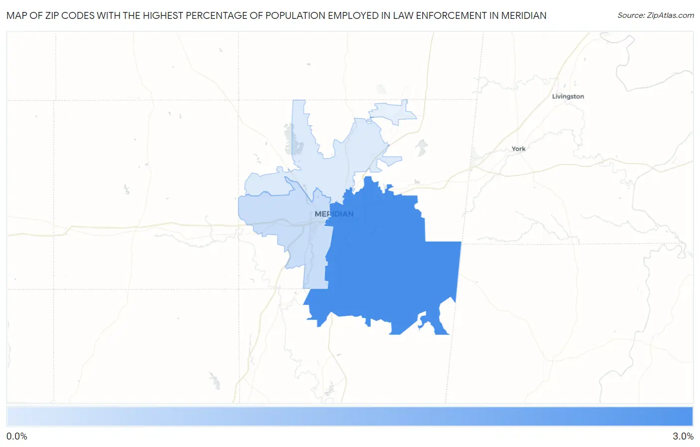 Zip Codes with the Highest Percentage of Population Employed in Law Enforcement in Meridian Map