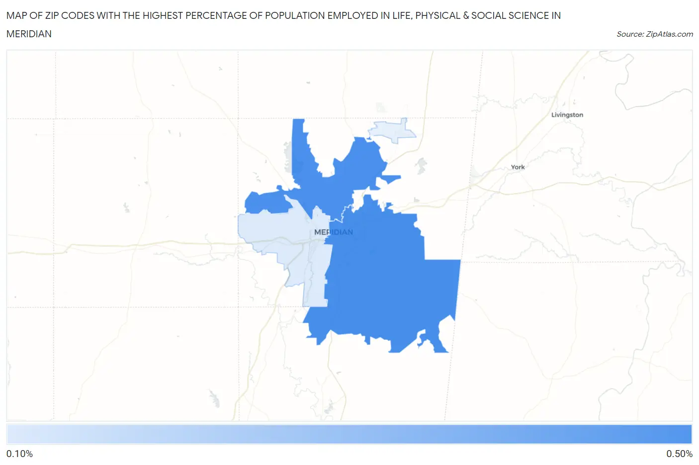 Zip Codes with the Highest Percentage of Population Employed in Life, Physical & Social Science in Meridian Map