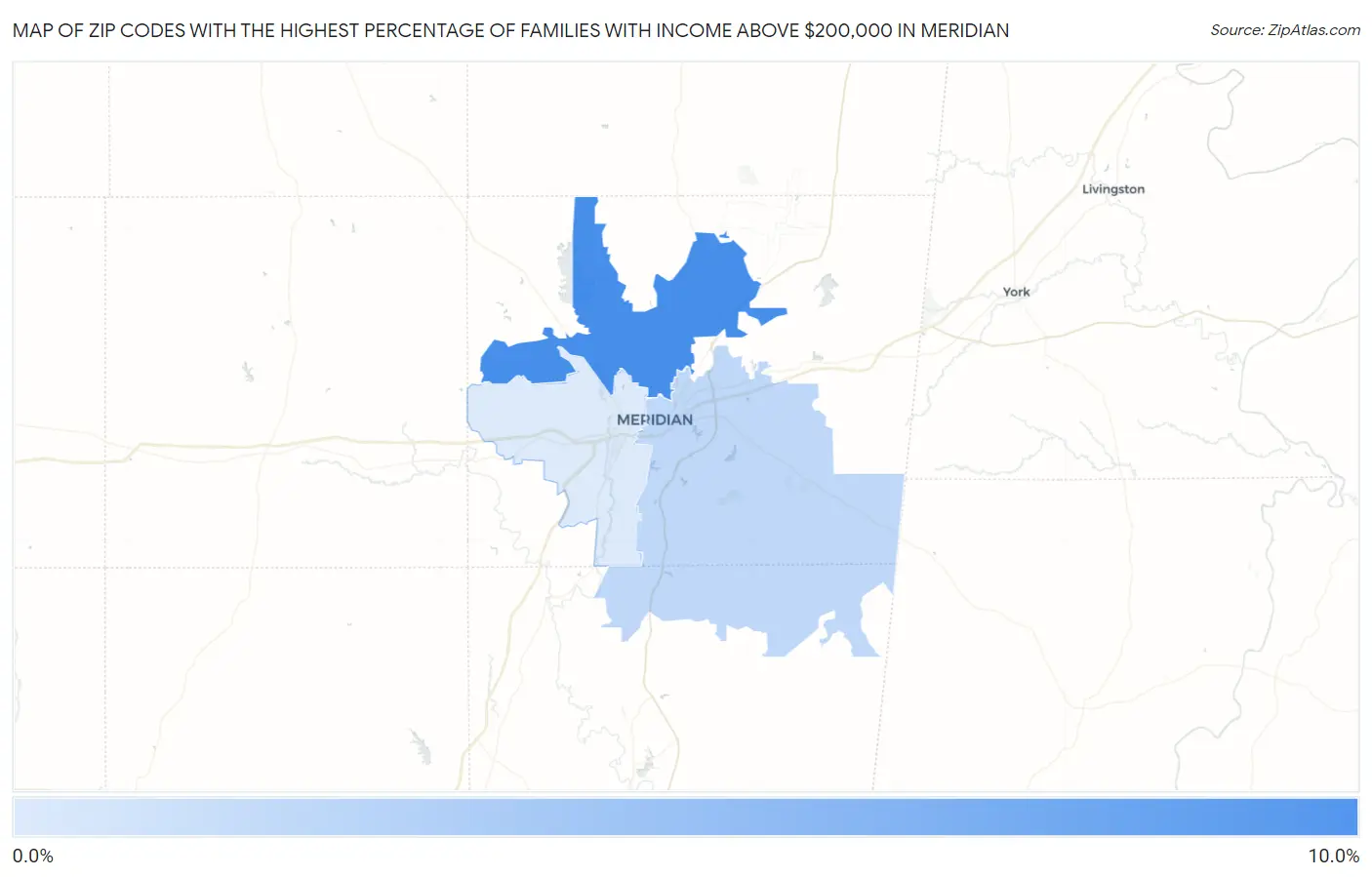 Zip Codes with the Highest Percentage of Families with Income Above $200,000 in Meridian Map