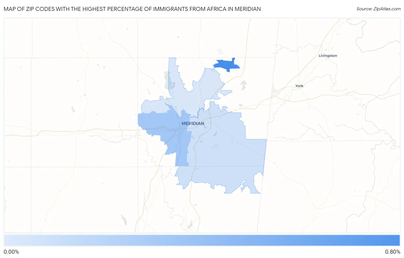 Zip Codes with the Highest Percentage of Immigrants from Africa in Meridian Map
