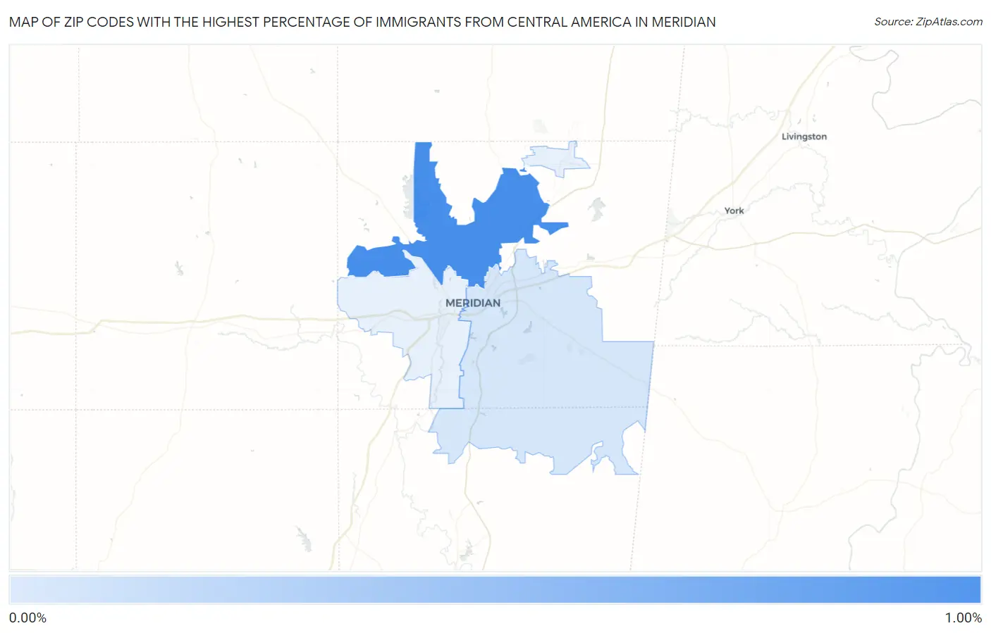 Zip Codes with the Highest Percentage of Immigrants from Central America in Meridian Map