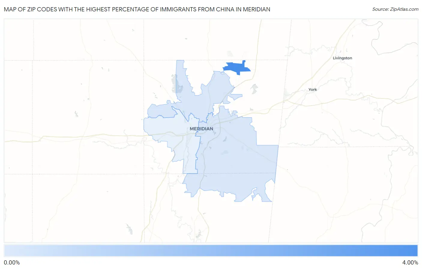 Zip Codes with the Highest Percentage of Immigrants from China in Meridian Map