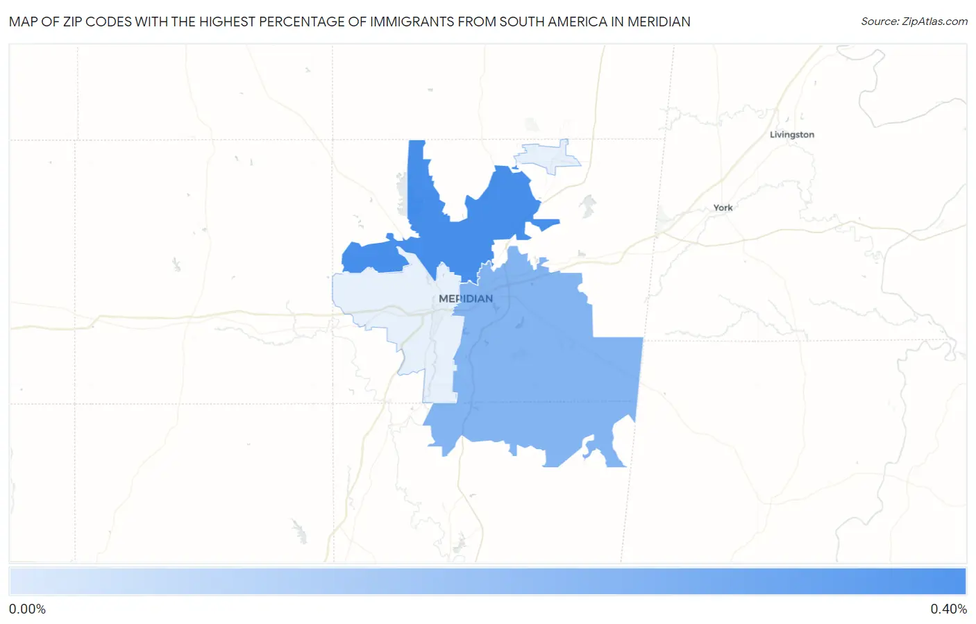 Zip Codes with the Highest Percentage of Immigrants from South America in Meridian Map