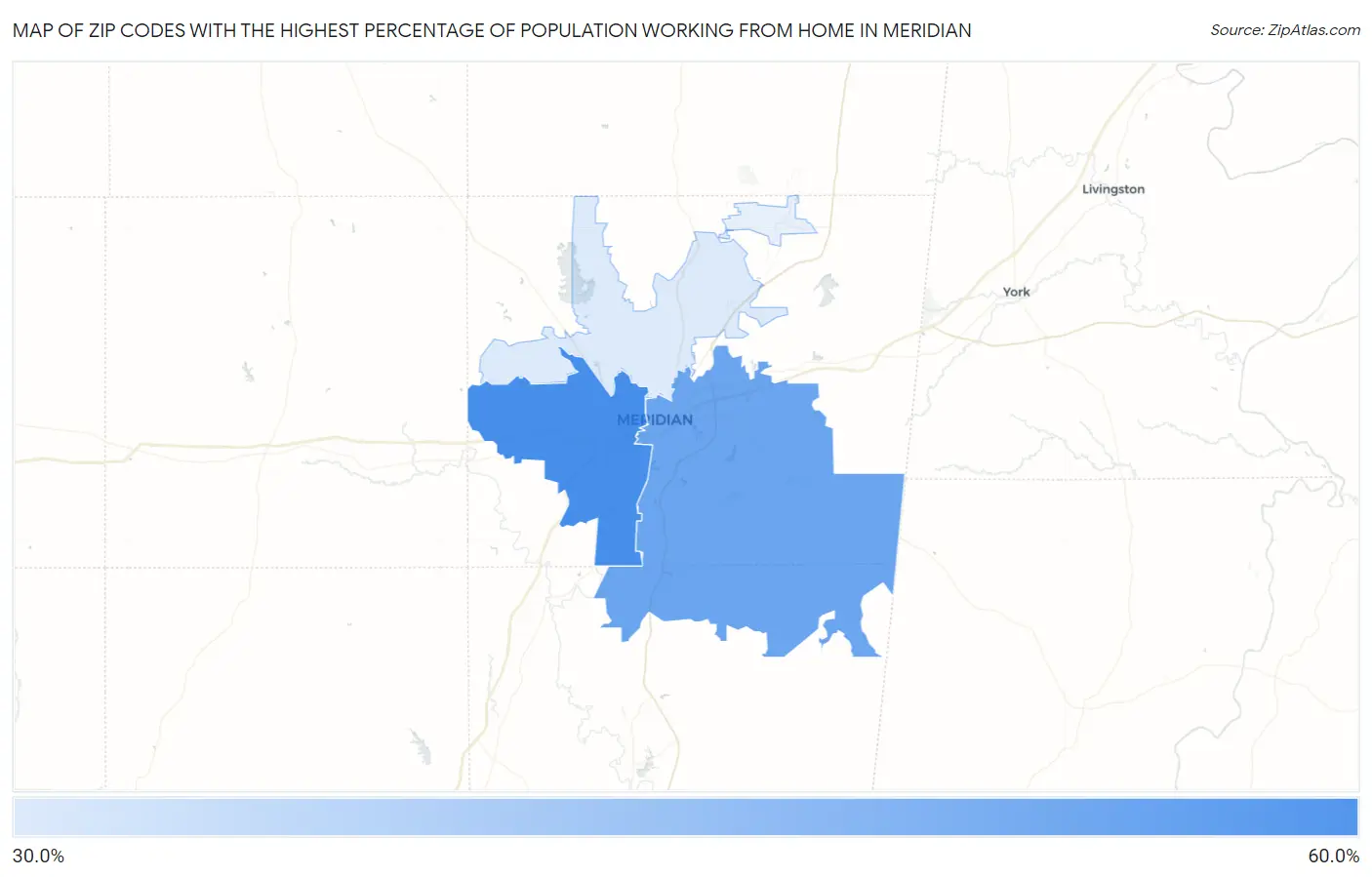 Zip Codes with the Highest Percentage of Population Working from Home in Meridian Map