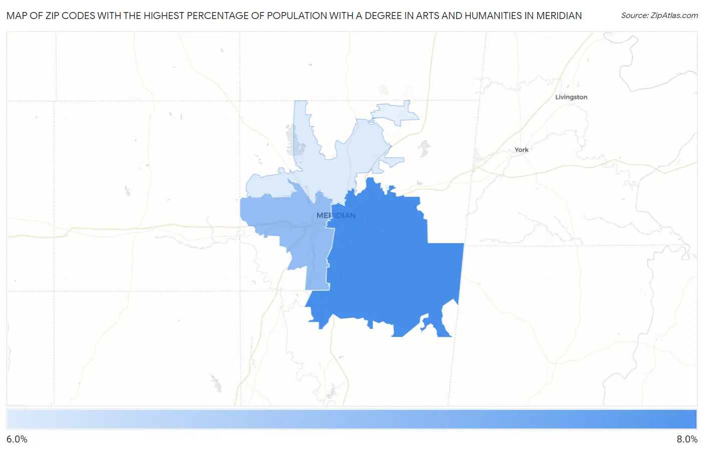 Zip Codes with the Highest Percentage of Population with a Degree in Arts and Humanities in Meridian Map