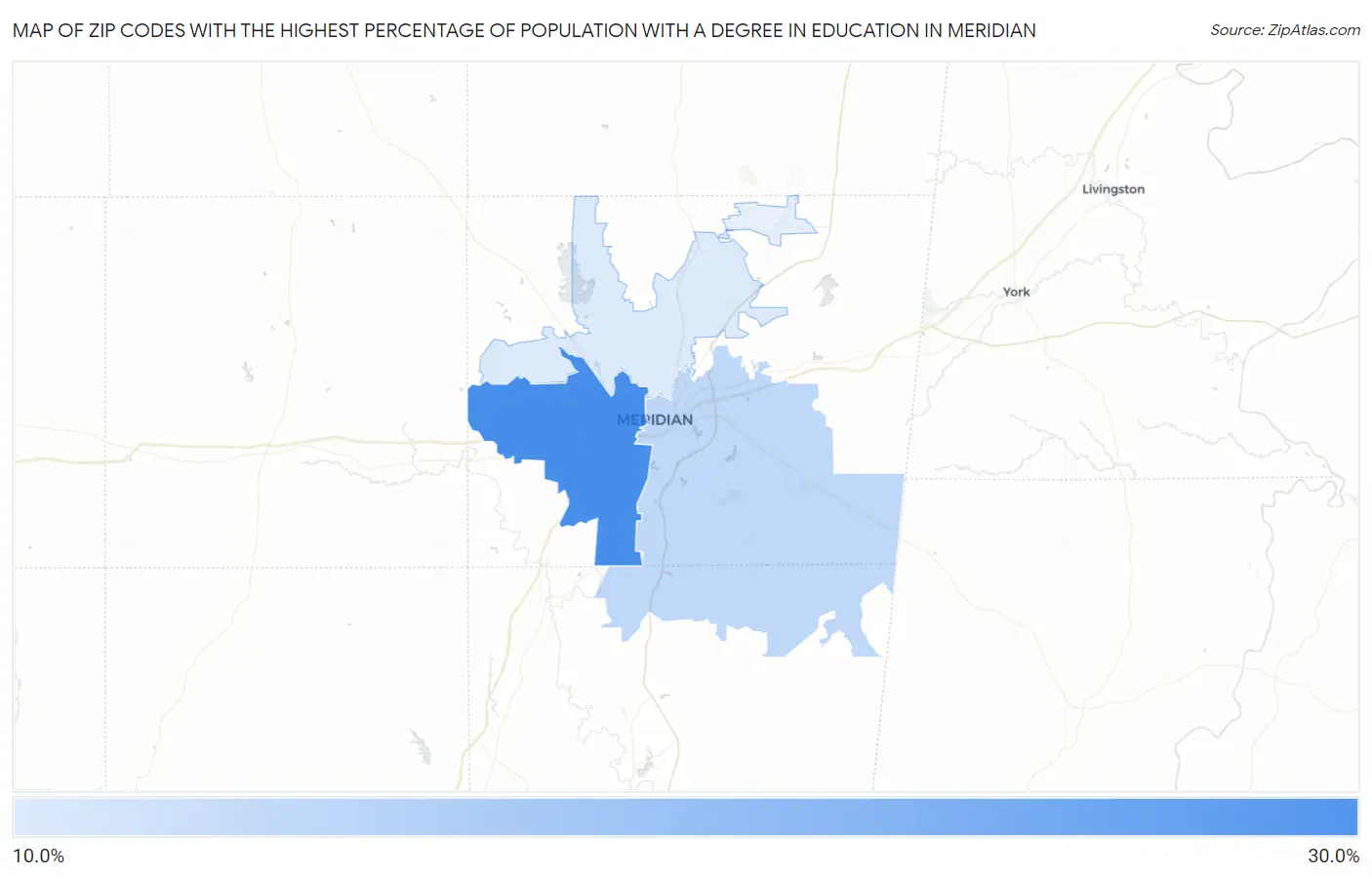 Zip Codes with the Highest Percentage of Population with a Degree in Education in Meridian Map