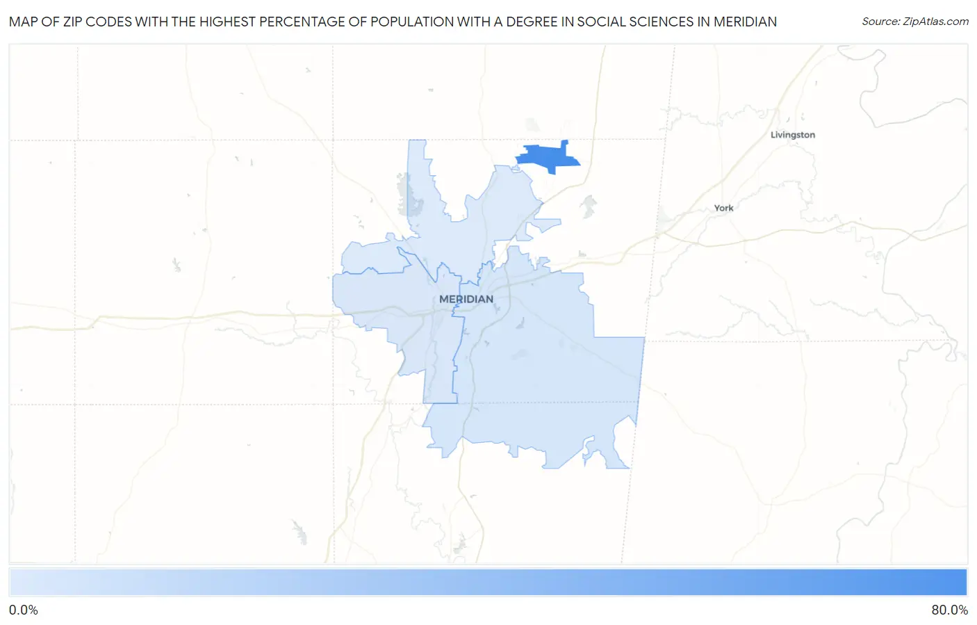 Zip Codes with the Highest Percentage of Population with a Degree in Social Sciences in Meridian Map