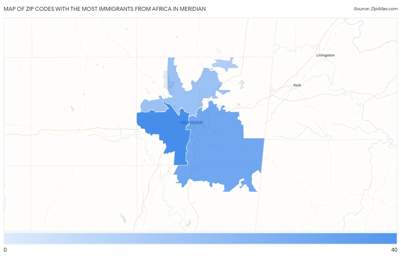 Zip Codes with the Most Immigrants from Africa in Meridian Map
