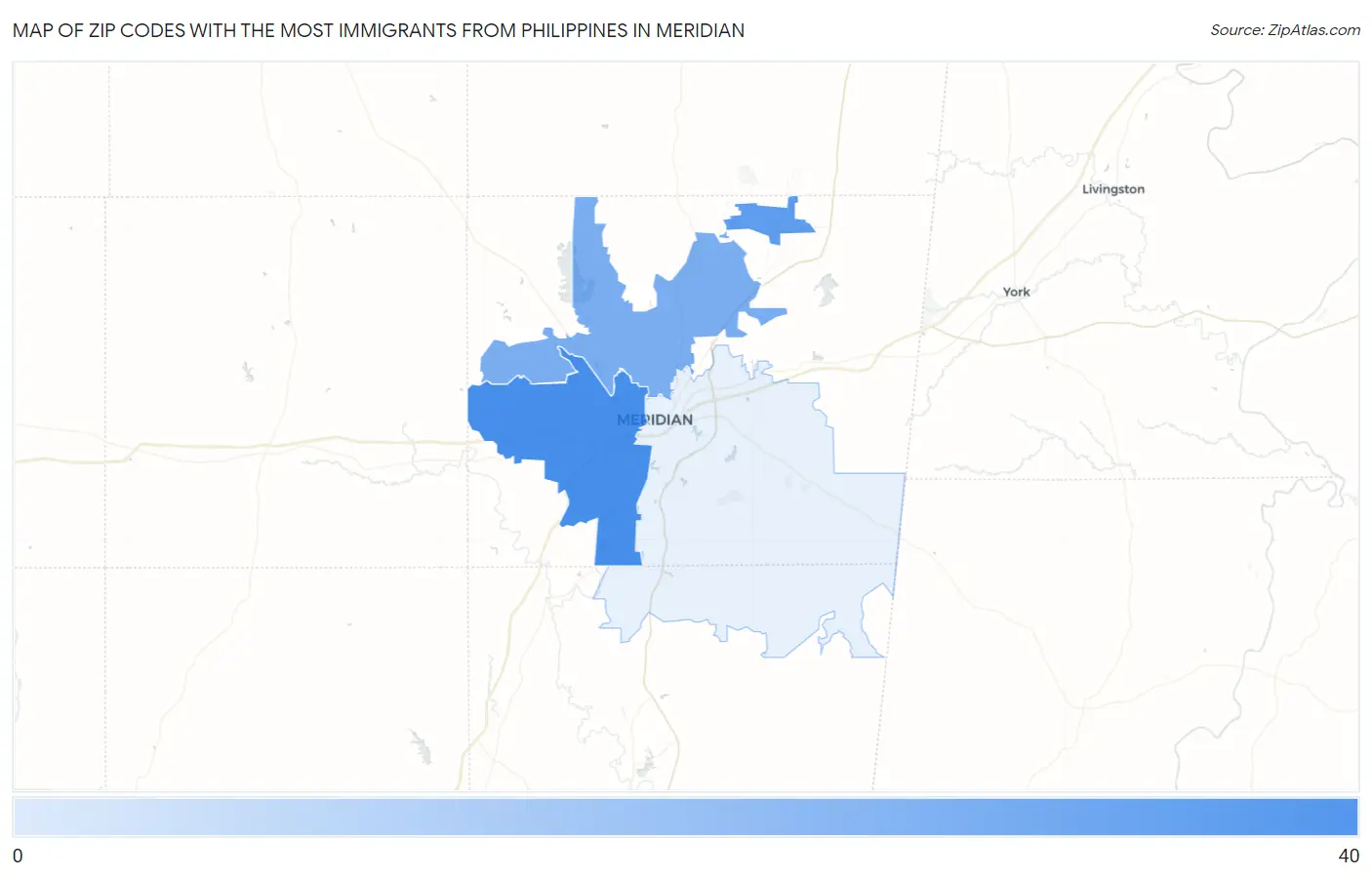 Zip Codes with the Most Immigrants from Philippines in Meridian Map
