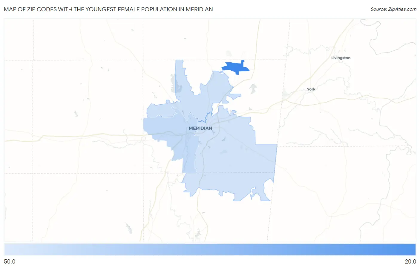 Zip Codes with the Youngest Female Population in Meridian Map