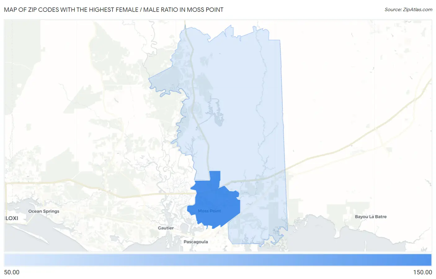 Zip Codes with the Highest Female / Male Ratio in Moss Point Map