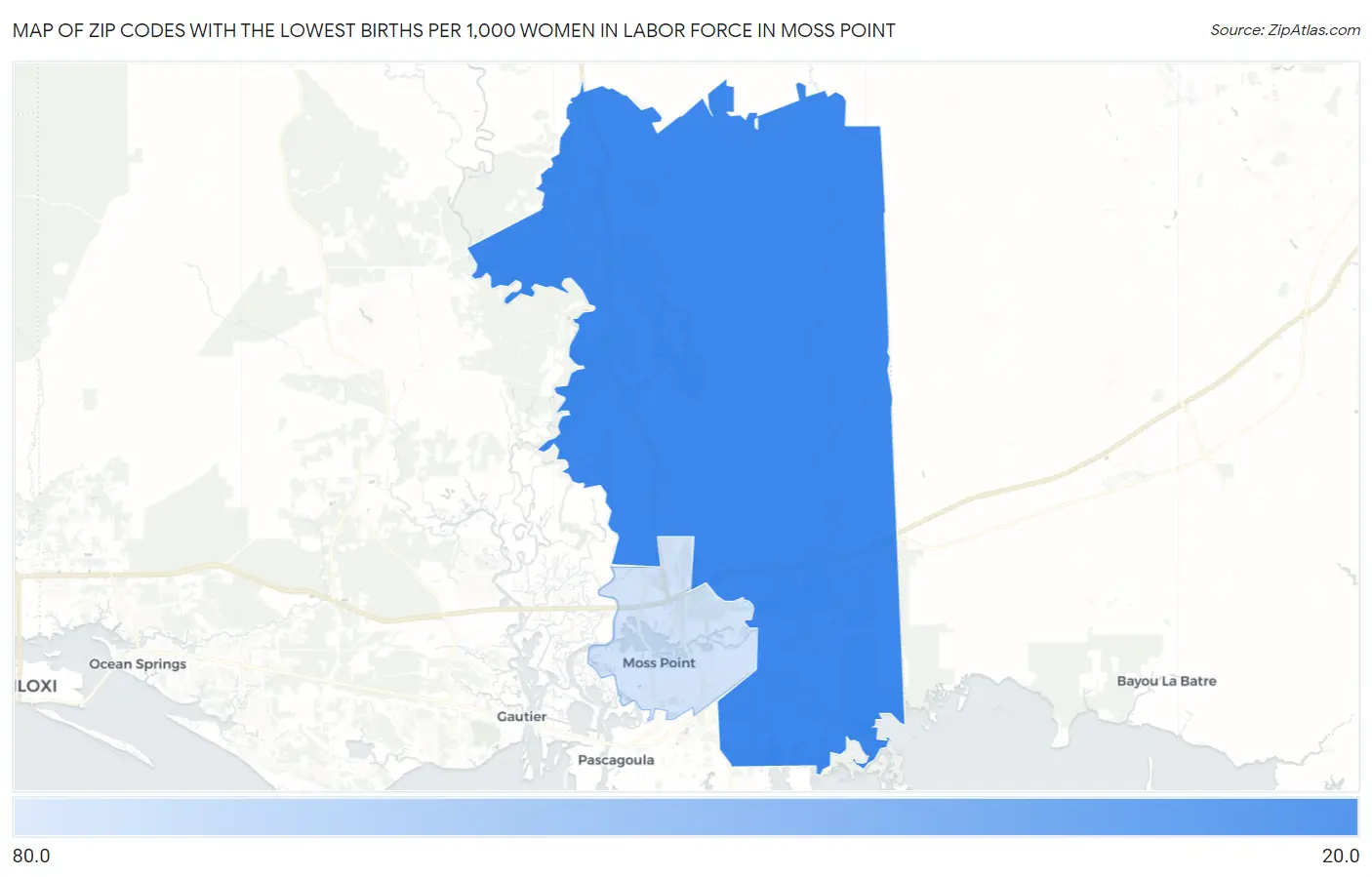 Zip Codes with the Lowest Births per 1,000 Women in Labor Force in Moss Point Map
