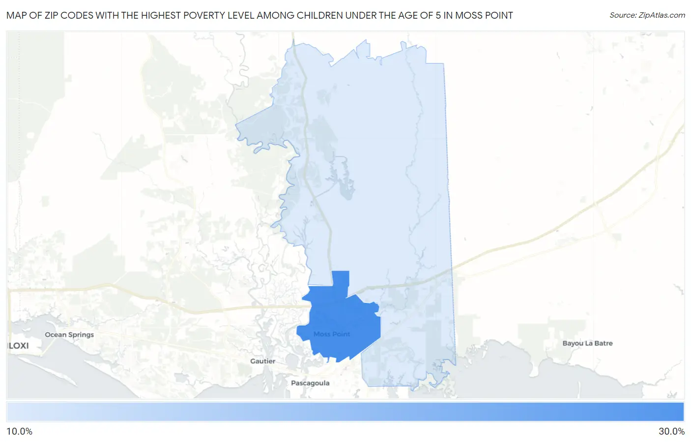 Zip Codes with the Highest Poverty Level Among Children Under the Age of 5 in Moss Point Map