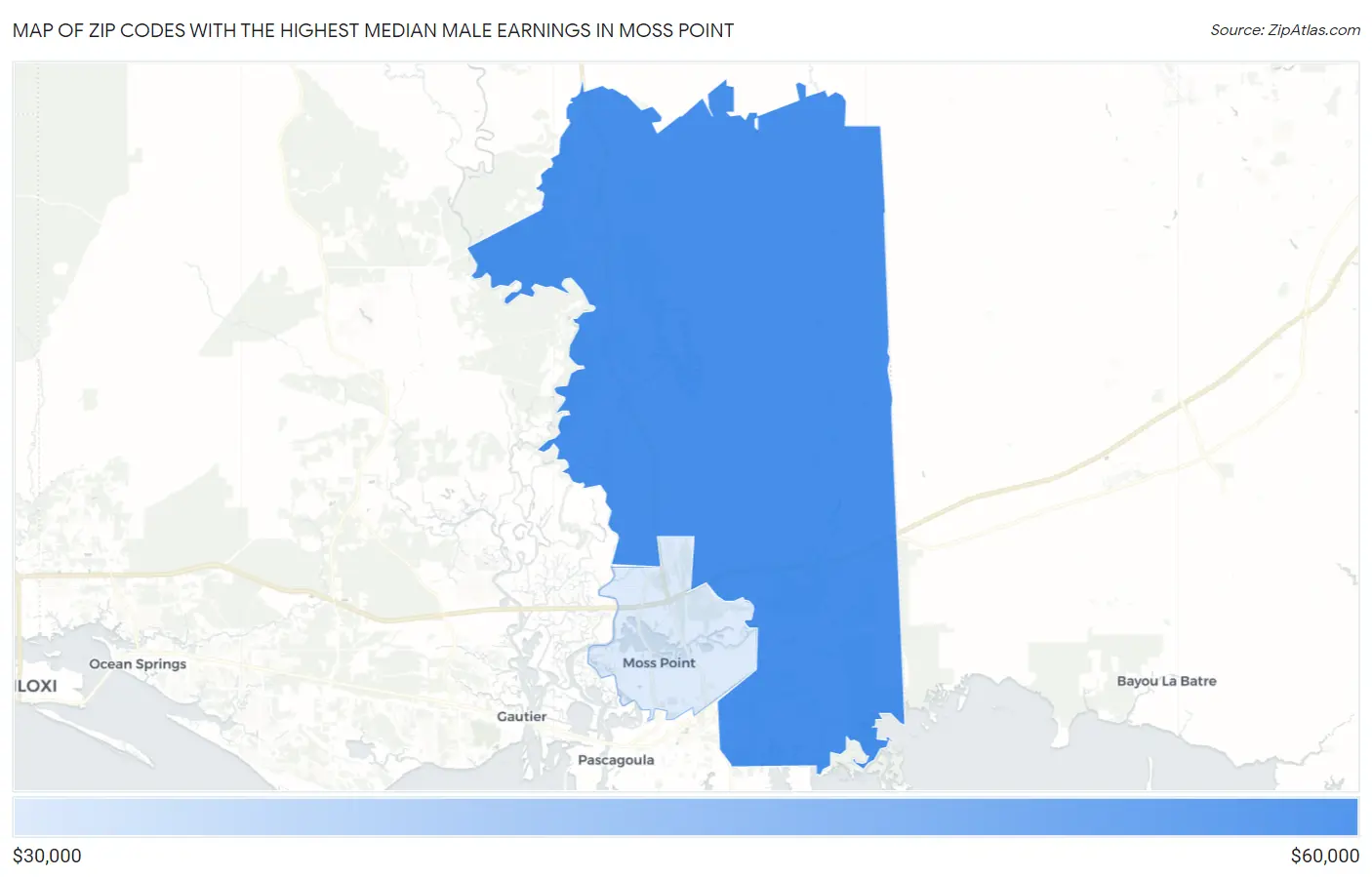 Zip Codes with the Highest Median Male Earnings in Moss Point Map