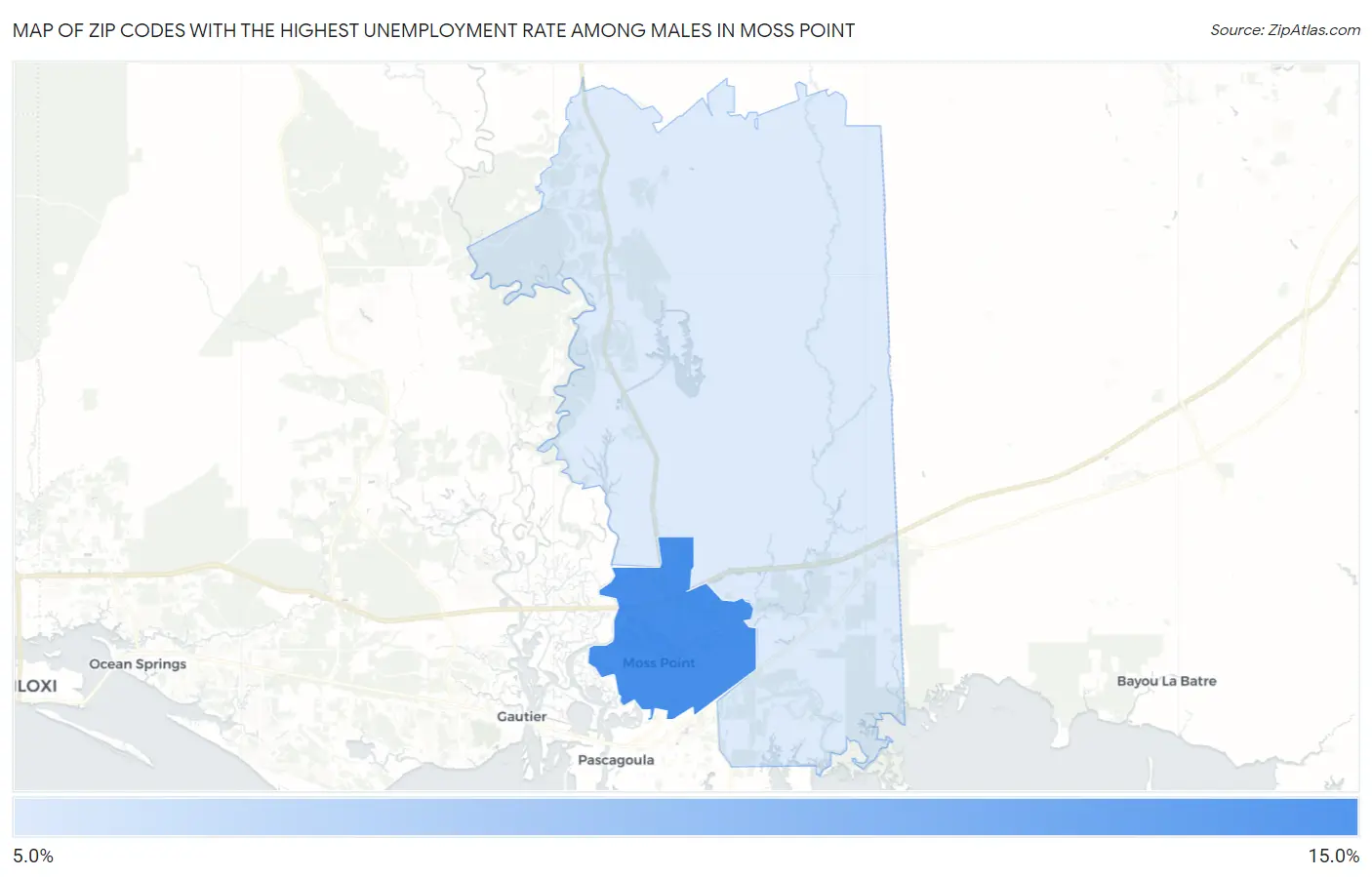 Zip Codes with the Highest Unemployment Rate Among Males in Moss Point Map