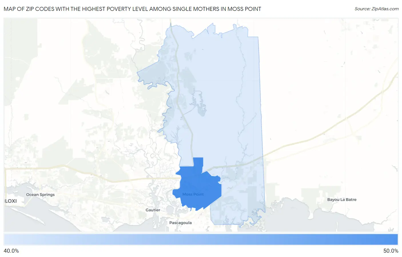 Zip Codes with the Highest Poverty Level Among Single Mothers in Moss Point Map